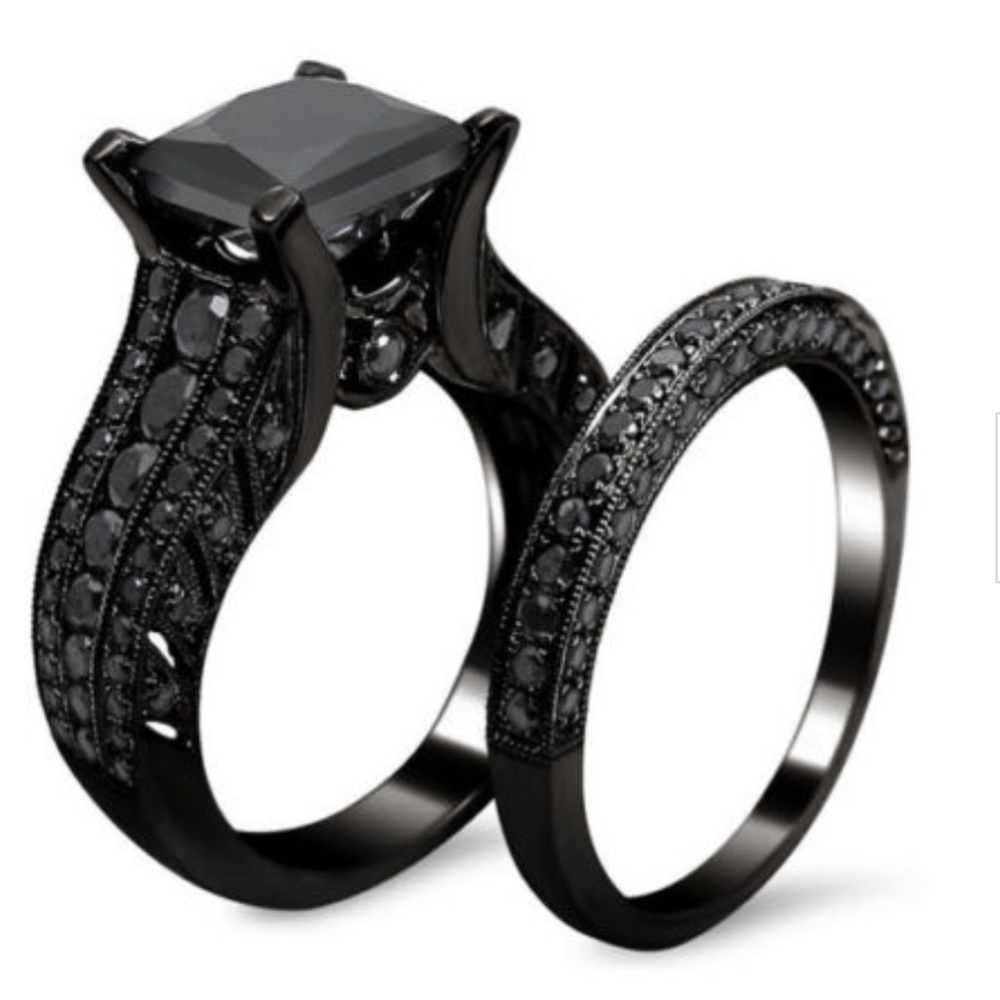 New 14kt Black Gold Filled Black Sapphire 2pc Ring - Picture 2 of 4